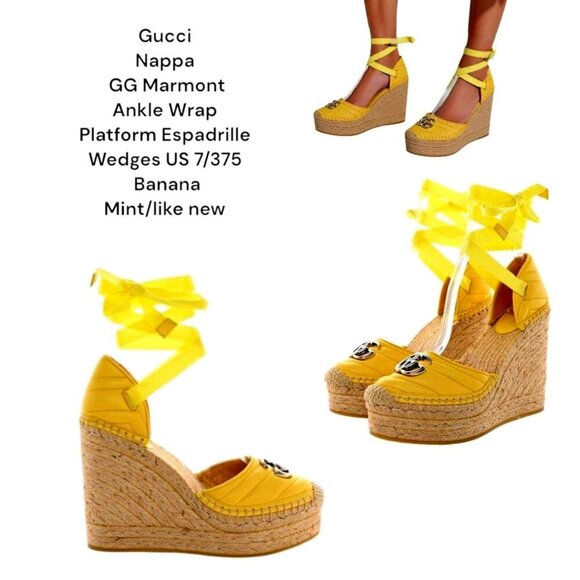 RARE COLOR Gucci Marmont Platform Espadrille Wedges Sandals Banana  7 LIKE NEW - Picture 1 of 7